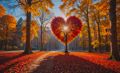 Poster - Tree with a heart shape in the middle of a forest. The leaves are orange and the sun is shining on the tree