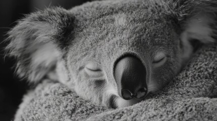 a close-up view of a koala resting peacefully in a tree, showing its fluffy fur and cute facial expr