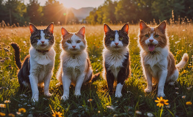 Poster - Four cats are sitting in a field of flowers. The cats are all different colors and sizes. They are all sitting in a row, with one cat on the left, one in the middle, one on the right