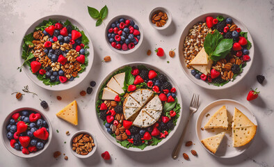 Poster - Table with a variety of fruits and vegetables, including blueberries, strawberries, and nuts. The table is set with plates and utensils, and there are several bowls of different sizes. Scene is