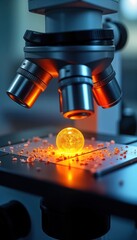 Poster - Modern microscope focuses on vibrant specimen. High tech equipment details. Scientific research highlights innovation in lab. Lab setting with close-up view. Precision research in progress. Sample