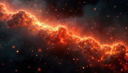 Poster - Abstract fiery space nebula glows with particles, light. Deep space fractal texture of fire, light forms clouds. Vibrant orange, dark colors create spectacular cosmic scene. Fiery clouds in space.
