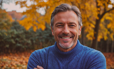 Aufkleber - Man with a blue sweater and a smile on his face. He is standing in a park with trees and leaves