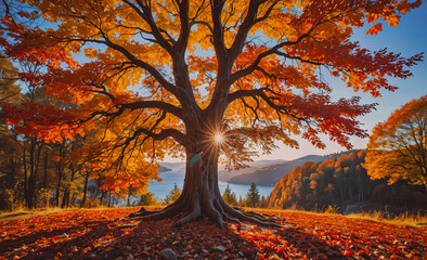 Poster - Large tree with a lot of leaves on the ground. The leaves are orange and the tree is in a field