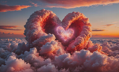 Poster - Heart is in the clouds, surrounded by pink smoke. The heart is glowing and the clouds are pink and white. Concept of love and warmth