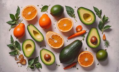 Poster - Colorful assortment of fruits and vegetables, including avocados, oranges, and carrots, are arranged on a white background. Concept of abundance and freshness, showcasing the variety of healthy foods
