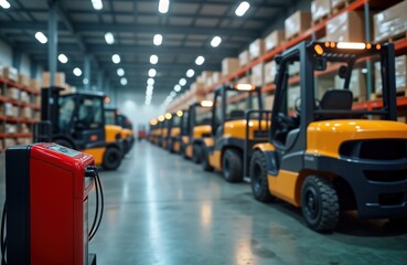 Aufkleber - Electric forklift charging station in warehouse. Industrial scene showing electric forklifts lined up. Warehouse interior with organized storage. Modern tech for eco friendly transportation.