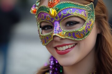 Wall Mural - A woman wears a colorful carnival mask and has beads around her neck