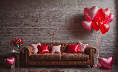 Poster - Couch is surrounded by red balloons and a vase of red roses. The room has a cozy and romantic atmosphere