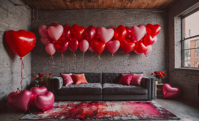 Poster - room with a couch and a bunch of red balloons. the balloons are arranged in a way that they look lik