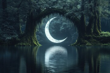 Wall Mural - Crescent moon magically appears in a serene, moss-covered forest reflected in still water.