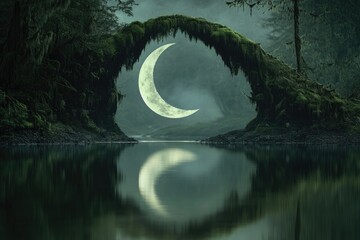 Wall Mural - Crescent moon hangs magically over a moss-covered arch in a serene, misty forest.