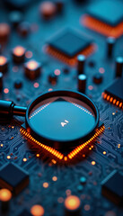 Poster - Magnifying glass focuses on AI microchip on electric circuit board. Advanced tech concept. Close-up view. Future of computing, analysis. Tech innovation in research, design. Modern hardware.