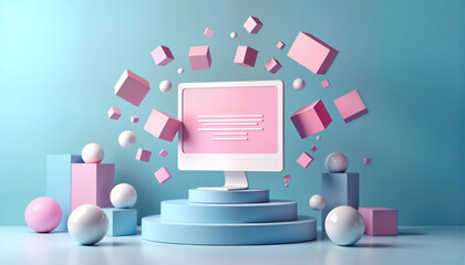 Poster - Abstract concept of web page assembly. Modern computer monitor with flying colorful geometric shapes. Pastel pink, blue shapes float around podium. Design studio presentation of website modules.