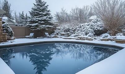 Canvas Print - Winter Pool Scene With Snow Covered Trees and Chairs in the Background