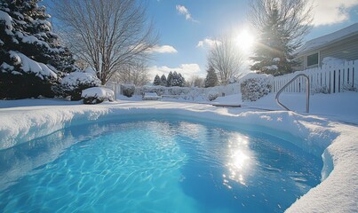 Canvas Print - Winter Pool Scenery With Snow Covered Ground And Sunny Sky On A Cold Day By The House