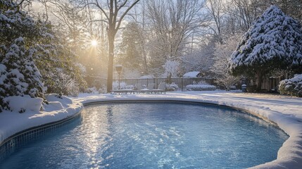 Canvas Print - Winter Snow Covered Outdoor Swimming Pool With Sunlight and Snow Covered Trees and Bushes