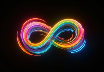 Poster - Rainbow colored infinity symbol glowing on a black background, representing limitless possibilities and eternal concepts
