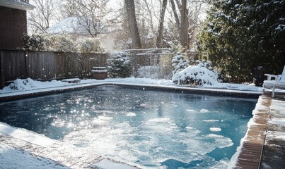 Canvas Print - Winter Swimming Pool With Ice Formation Backyard Snow Outdoors Day Chill Cool Freezing Weather