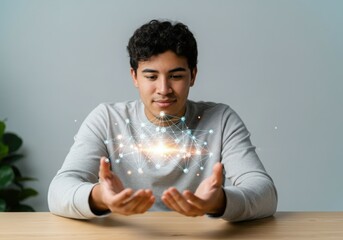 Poster - Businessman showing network connection lines and business concept icons, visualizing global digital connections