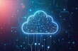© miss irine - Abstract futuristic cloud symbol with digital circuits. Glowing light rays represent complex connections, data flow. Blue background enhances tech theme, virtual concept. Illustration evokes