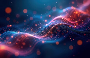 Poster - Abstract graphic design. Data waves form vibrant blue, pink patterns. Dynamic lines, particles create futuristic look. Suitable for tech presentations, innovative research financial growth. Trendy