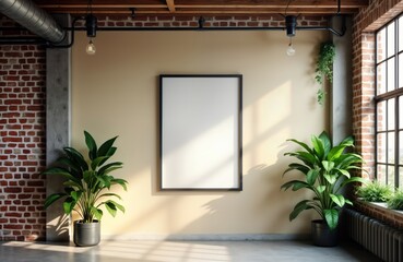 Poster - Empty square photo frame hangs on beige wall in industrial loft-style interior. Two potted plants stand near beige wall. Large window with brick wall, metal pipes visible. Sunlight casts shadows on