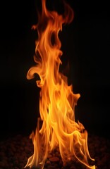 Poster - Fiery flames blaze against dark background. Abstract fire pattern glows intensely. Isolated fire effect. Burning flames create dynamic texture. Graphic fire design. Powerful firestorm. Burning flames