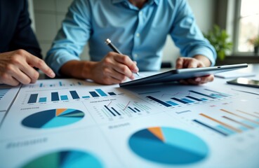 Aufkleber - consultants analyze company financial documents using digital tablet, charts. Teamwork focuses on financial data review for better business decisions. Indoor workplace setting highlights business