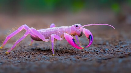 Pink arachnid on ground, blurred background, nature close-up, wildlife photography