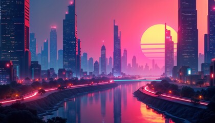 Poster - Futuristic city landscape at twilight. Skyscrapers glow with vibrant neon lights in shades of pink, blue. River flows through city. Cars move along road. Trees line riverbank. Sunset colors reflect