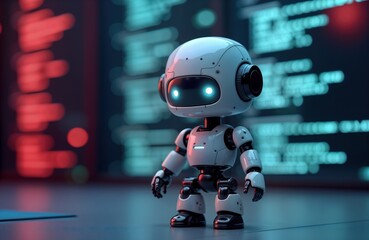 Fototapete - Cute robot stands in front of code screen. Modern tech illustration shows smart ai robot. Virtual assistant stands on dark surface. Concept of innovative chatbot technology. Future robot assistant