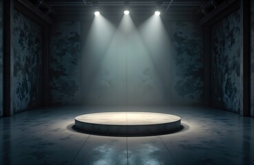 Aufkleber - Dark smokey garage interior with round pedestal, spotlights. Empty stage area for product presentation. Industrial concrete floor, walls. Suitable for fashion tech products. Modern design mockup.