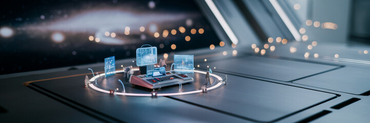 Futuristic Tech Console with Mini Figures Displays