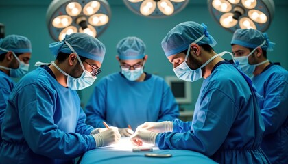 Aufkleber - Surgical team works intently in well-lit operating room. Doctors wear blue surgical gowns masks, gloves. Focus on procedure. Medical professionals perform delicate operation. Health care in hospital.
