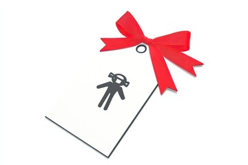 Wall Mural - Minimalist gift tag featuring a playful human figure design with a red ribbon accent