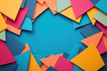Poster - Vibrant Collection of Colorful Paper Pieces Arranged Artistically on a Bright Blue Background Showcasing Creativity and Playfulness in Art Composition