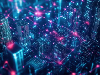 Poster - Futuristic Cityscape with Illuminated Skyscrapers Bathed in Blue Light Creating an Otherworldly Atmosphere of Innovation and Urban Wonder