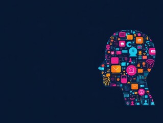 Poster - Silhouette of a Person's Head Surrounded by Various Social Media Icons Representing Connectivity Communication and Digital Interaction in Modern Society