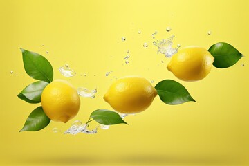 Wall Mural - High resolution image of levitating lemons with green leaves isolated on a yellow background creating a food levitation or zero gravity concept