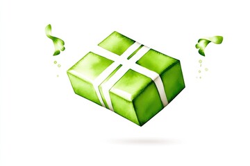 Wall Mural - A vibrant green gift box with a white ribbon floats against a clean white background, symbolizing celebration