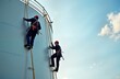 © miss irine - Two men in safety gear climb tall storage tank using ropes for inspection. Industrial workers perform high-risk maintenance on propane tank. Focus on checking thickness of metal shell. Outdoors on