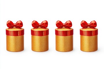 Four golden gift boxes with red bows arranged in a row, symbolizing celebration and joy