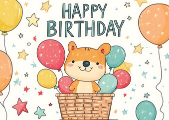 Canvas Print - Happy Birthday Cute Bear Balloon Basket Celebration