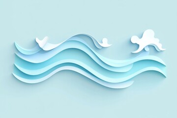 Aufkleber - Artistic representation of flowing waves with clouds in a minimalist style on a light blue background. Generative AI
