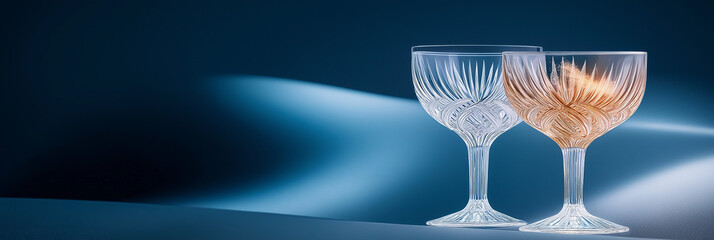 Canvas Print - Elegant crystal coupe glasses on a dark blue background. Perfect for a sophisticated event.