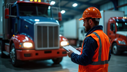 Poster - Technician inspects truck in garage. Checks checklist on clipboard. Pre-trip inspection. Transportation, automotive industry. Industrial setting. Vehicle maintenance. Pro work environment. Safety