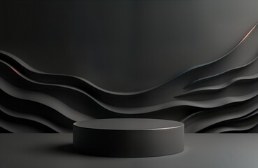 Aufkleber - Empty dark gray podium for product presentation. Modern design. Abstract wavy background. Minimalist style. Suitable for fashion tech products cosmetics. Elevated platform for display. Elegant,