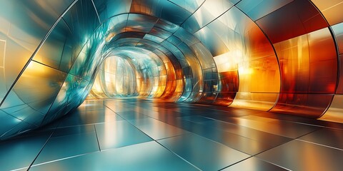 Wall Mural - Abstract futuristic tunnel, orange & blue glass, sunlit background, architecture design