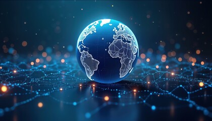 Fototapete - Global digital network concept. Futuristic illustration shows earth with digital connections. International communication, global business tech depicted as network around planet. Modern tech, future